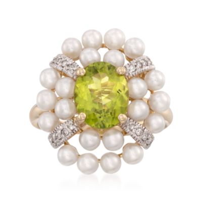 2.30 Carat Peridot Ring With Cultured Pearls and Diamonds in 14kt Yellow Gold &mdash; Alt Image 1