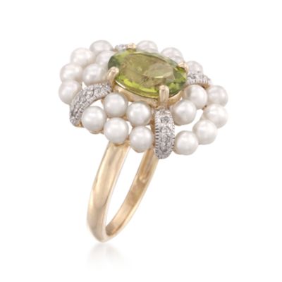 2.30 Carat Peridot Ring With Cultured Pearls and Diamonds in 14kt Yellow Gold &mdash; Alt Image 3
