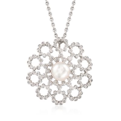 Mikimoto 7mm Akoya Pearl and .66 ct. t.w. Diamond Pendant Necklace in 18kt White Gold. 18" &mdash; Alt Image 1
