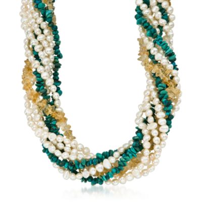 5-6mm Cultured Pearl Multi-Strand Necklace With Turquoise and Citrines in Sterling Silver. 18" &mdash; Alt Image 1