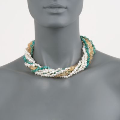 5-6mm Cultured Pearl Multi-Strand Necklace With Turquoise and Citrines in Sterling Silver. 18" &mdash; Alt Image 2