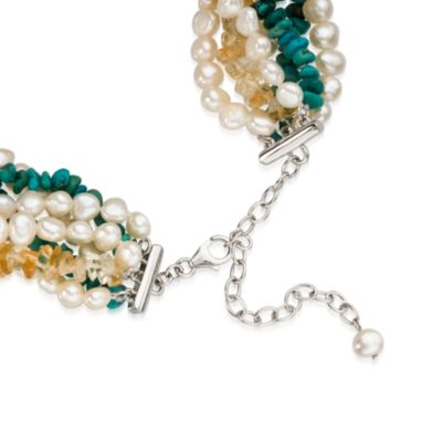 5-6mm Cultured Pearl Multi-Strand Necklace With Turquoise and Citrines in Sterling Silver. 18" &mdash; Alt Image 3