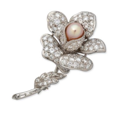 C. 1970 7 X 12mm Cultured Pearl and 3.60 ct. t.w. Diamond Floral Brooch In Platinum &mdash; Alt Image 1