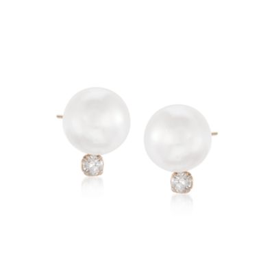 9-10mm Cultured Pearl Stud Earrings With Diamonds in 14kt Yellow Gold &mdash; Alt Image 1