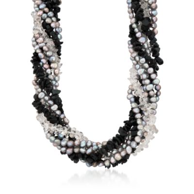 Gray Pearl Torsade Necklace With Onyx and Quartz in Sterling Silver. 18" &mdash; Alt Image 1