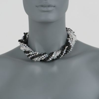Gray Pearl Torsade Necklace With Onyx and Quartz in Sterling Silver. 18" &mdash; Alt Image 2