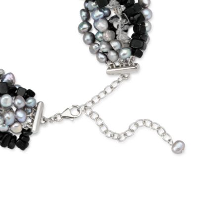 Gray Pearl Torsade Necklace With Onyx and Quartz in Sterling Silver. 18" &mdash; Alt Image 3