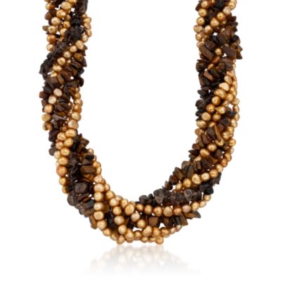 Cultured Pearl Torsade Necklace With Tiger's Eye and Smoky Quartz In Sterling Silver. 18" &mdash; Alt Image 1