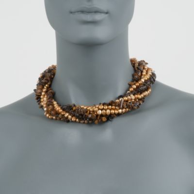Cultured Pearl Torsade Necklace With Tiger's Eye and Smoky Quartz In Sterling Silver. 18" &mdash; Alt Image 2