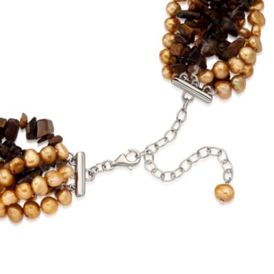 Cultured Pearl Torsade Necklace With Tiger's Eye and Smoky Quartz In Sterling Silver. 18" &mdash; Alt Image 3