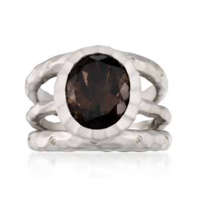 Set of 3 Sterling Silver Rings: 2 With Diamonds and 1 With 4.00 Carat Smoky Quartz Center. Size 6 &mdash; Alt Image 1