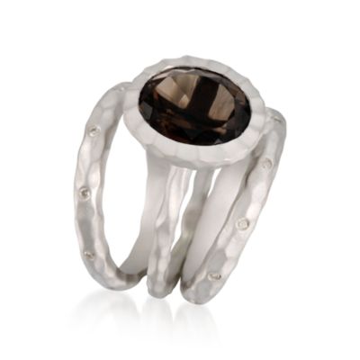 Set of 3 Sterling Silver Rings: 2 With Diamonds and 1 With 4.00 Carat Smoky Quartz Center. Size 6 &mdash; Alt Image 3