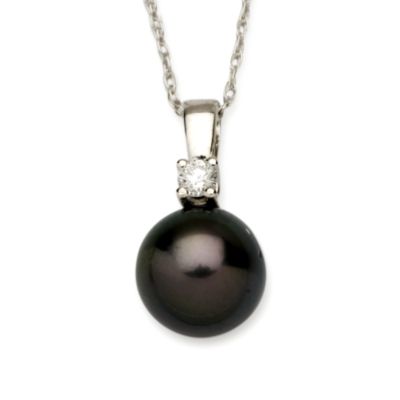 9.5-10mm Black Tahitian Pearl and Diamond Necklace In 14kt White Gold. 18" &mdash; Alt Image 1