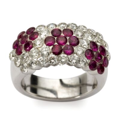 C. 1990 1.35 ct. t.w. Diamond and 1.00 ct. t.w. Ruby Floral Band In 18kt White Gold Size 7 &mdash; Alt Image 1