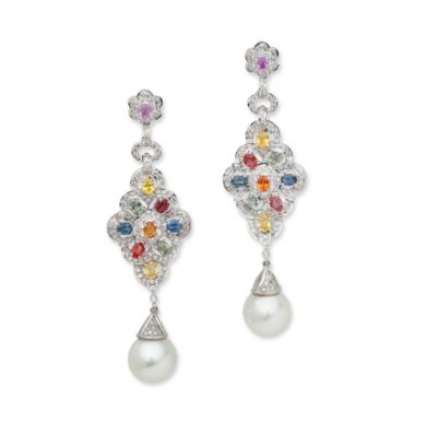 Multicolored Sapphire Earrings With Diamonds and South Sea Pearls In 18kt White Gold &mdash; Alt Image 1