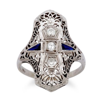 C. 1950 Diamond and Faux Sapphire Dinner Ring in 18kt White Gold Size 6 &mdash; Alt Image 1