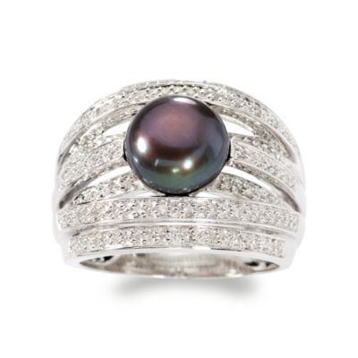 9mm Black Pearl and .20 ct. t.w. Diamond Multi-Row Ring in Sterling Silver &mdash; Alt Image 1