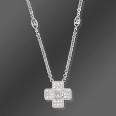 Charriol "Cignature" Collection .29 ct. t.w. Diamond Cross Necklace in 18kt White Gold. 16" &mdash; Alt Image 1