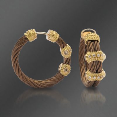 Charriol "Celtique" .25 ct. t.w. Diamond Brown Cable Hoop Earrings With 18kt Yellow Gold &mdash; Alt Image 1