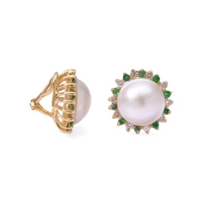 C. 2000 Vintage 15mm Cultured Mabe Pearl Earrings With Diamonds and Emeralds In 14kt Yellow Gold &mdash; Alt Image 1