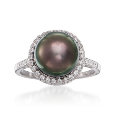 10-10.5mm Tahitian Pearl and .52 ct. t.w. Diamond Ring in 18kt White Gold. Size 6.5 &mdash; Alt Image 1