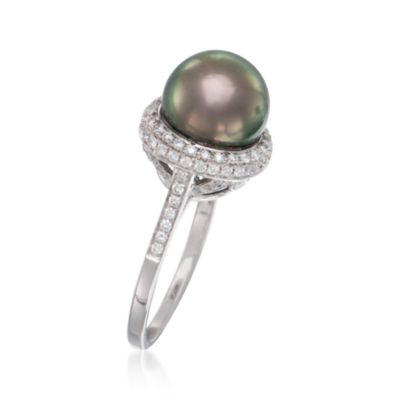 10-10.5mm Tahitian Pearl and .52 ct. t.w. Diamond Ring in 18kt White Gold. Size 6.5 &mdash; Alt Image 3