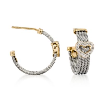 Charriol "Classique" .13 ct. t.w. Diamond Heart Half Hoop Cable Earrings in Stainless With 18kt Yellow Gold &mdash; Alt Image 1