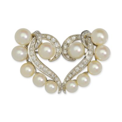 C. 1950 Vintage Retro Period Cultured Pearl and .64 ct. t.w. Diamond Heart Brooch In 8kt White Gold &mdash; Alt Image 1