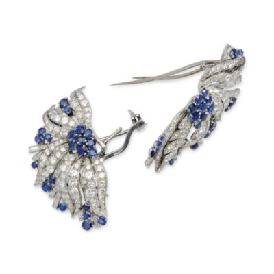 C. 1960 Vintage 5.00 ct. t.w. Sapphire and 12.00 ct. t.w. Diamond Pin Shoe Clips In Platinum &mdash; Alt Image 2