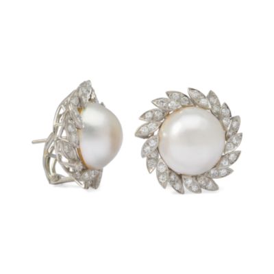 C.1960 Vintage 15mm Cultured Mabe Pearl and 1.10 ct. t.w. Diamond Earrings in Platinum &mdash; Alt Image 1