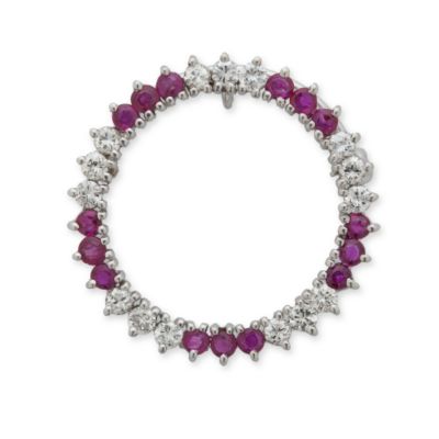 C. 1990 Vintage 1.35 ct. t.w. Ruby and .75 ct. t.w. Diamond Brooch Pendant In 14kt White Gold &mdash; Alt Image 1
