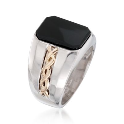 Men's Black Onyx Ring in Sterling Silver and 14kt Yellow Gold &mdash; Alt Image 2