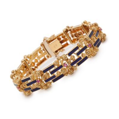 C. 1960 Vintage .55 ct. t.w. Ruby and Blue Enamel Bracelet in 18kt Yellow Gold 7.5" &mdash; Alt Image 1