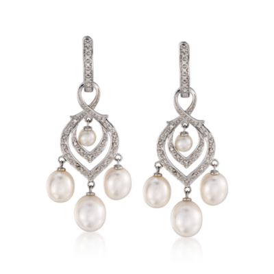 Diamond Hoop Earrings With Removable Pearl and Diamond Dangle in Sterling Silver &mdash; Alt Image 1