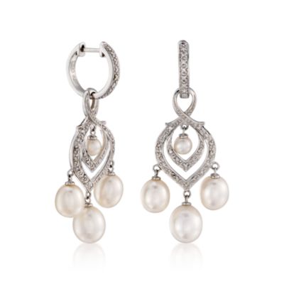 Diamond Hoop Earrings With Removable Pearl and Diamond Dangle in Sterling Silver &mdash; Alt Image 3