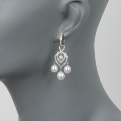 Diamond Hoop Earrings With Removable Pearl and Diamond Dangle in Sterling Silver &mdash; Alt Image 2