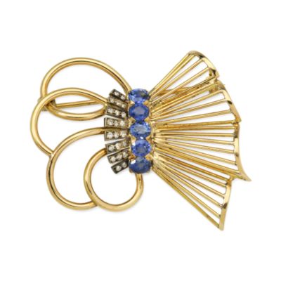 C. 1950 Vintage 2.50 ct. t.w. Sapphire and .45 ct. t.w. Diamond Brooch in 14kt Yellow Gold  &mdash; Alt Image 1