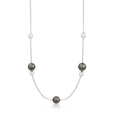 Mikimoto 7mm A+ Akoya "Pearls in Motion" and 10mm A+ Black South Sea Pearl Necklace With .20 ct. t.w. Diamonds in 18kt White Gold. 19" &mdash; Alt Image 1