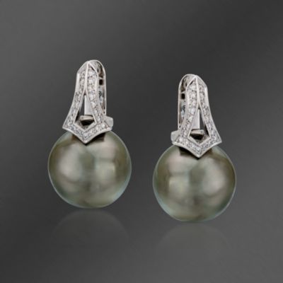 Mikimoto 11-12mm Black Tahitian Pearl Earrings With Diamonds in 18kt White Gold &mdash; Alt Image 1