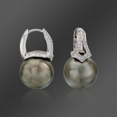 Mikimoto 11-12mm Black Tahitian Pearl Earrings With Diamonds in 18kt White Gold &mdash; Alt Image 3
