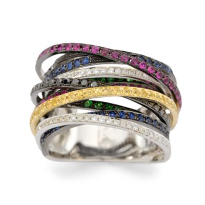 Diamond, Ruby, and Sapphire Multi-Band Ring In 14kt White Gold &mdash; Alt Image 1