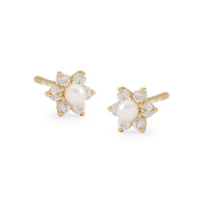 Child's 2-2.5mm Cultured Pearl and CZ Flower Earrings In 14kt Yellow Gold &mdash; Alt Image 1