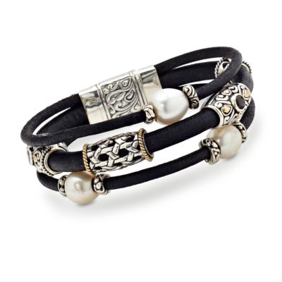 .50 ct. t.w. Multi-Gem Leather Bracelet With Cultured Pearl in Two-Tone &mdash; Alt Image 1