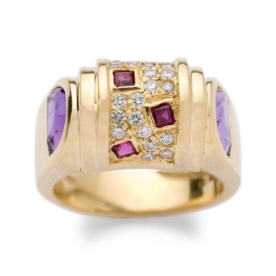 C. 1970 Vintage Men's 18kt Yellow Gold Band With Diamond, Ruby and Amethyst. Size 6 &mdash; Alt Image 1