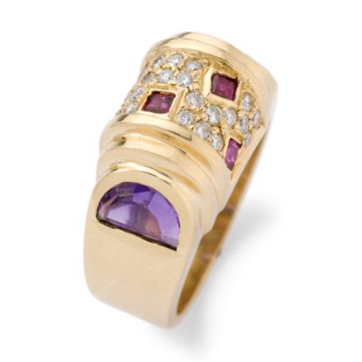 C. 1970 Vintage Men's 18kt Yellow Gold Band With Diamond, Ruby and Amethyst. Size 6 &mdash; Alt Image 2