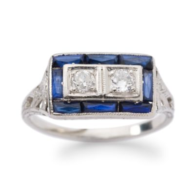 C. 1910 Vintage Round European Cut Diamond Ring With Faux Sapphire In Platinum. Size 6 &mdash; Alt Image 1