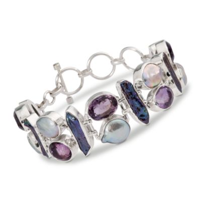 41.50 ct. t.w. Gem Mosaic Bracelet With Cultured Pearl in Sterling Silver . 7.5" &mdash; Alt Image 1