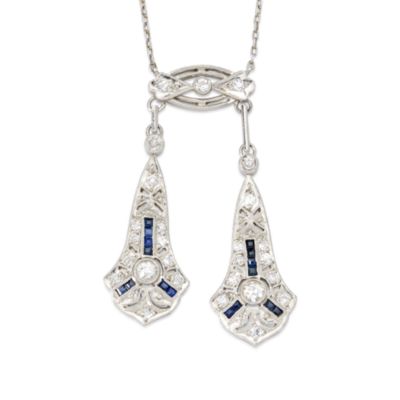 C. 1910 Vintage .50 ct. t.w. Round European Cut Diamond Necklace With Sapphires in Platinum. 16.5" &mdash; Alt Image 1