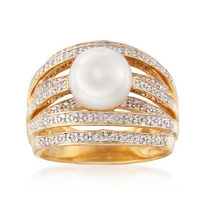 9-9.5mm Cultured Pearl and .20 ct. t.w. Diamond Multi-Row Ring in 18kt Gold Over Sterling &mdash; Alt Image 1