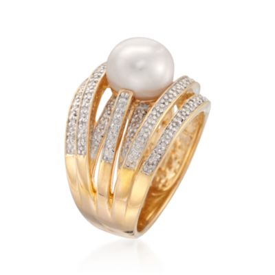 9-9.5mm Cultured Pearl and .20 ct. t.w. Diamond Multi-Row Ring in 18kt Gold Over Sterling &mdash; Alt Image 2
